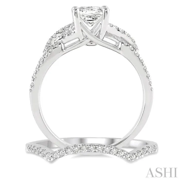 1 Ctw Diamond Wedding Set with 7/8 Ctw Princess Cut Engagement Ring and 1/6 Ctw Wedding Band in 14K White Gold