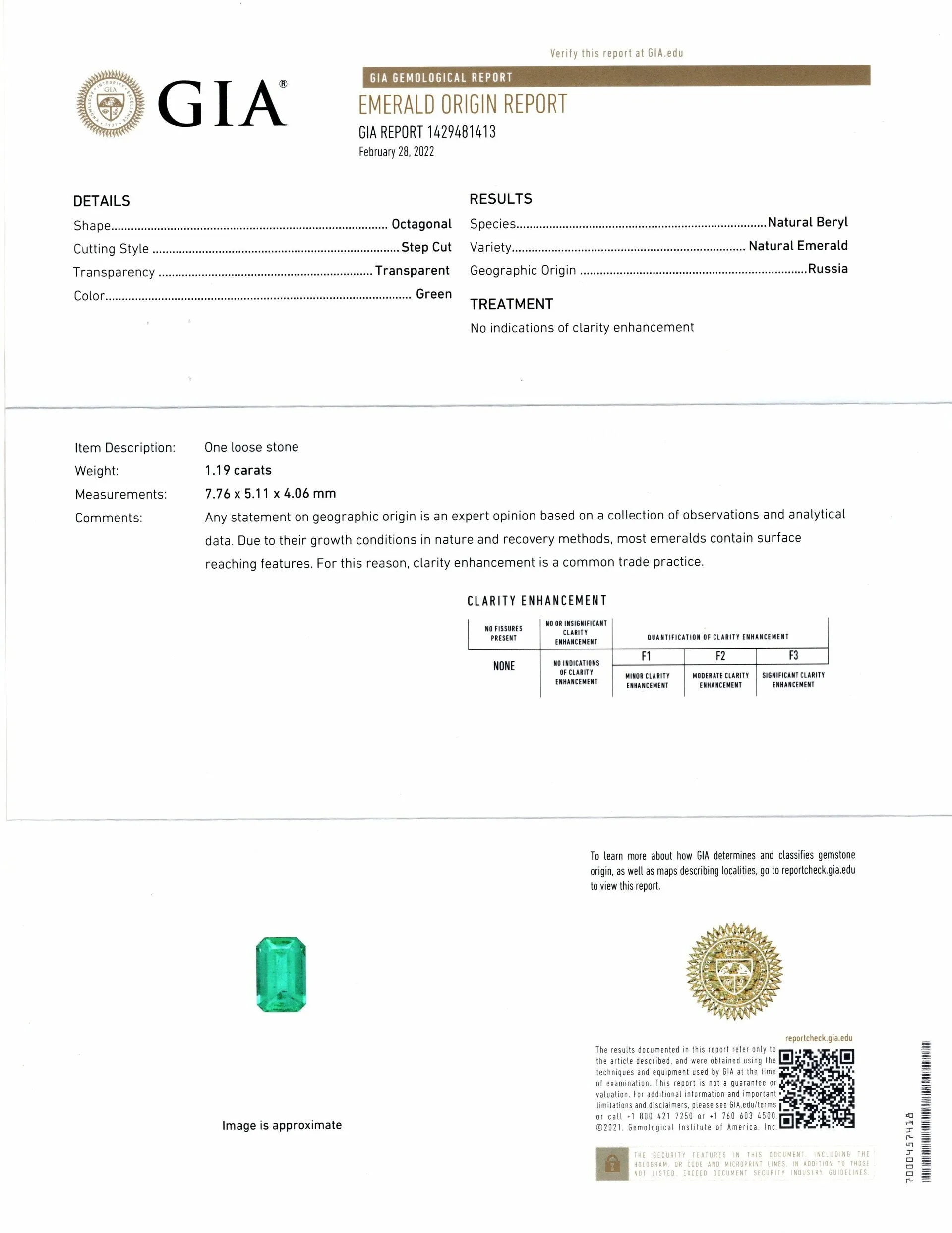 1.19ct EMERALD LOOSE STONE GIA CERTIFIED NO OIL EMERALD CUT NATURAL UNTREATED