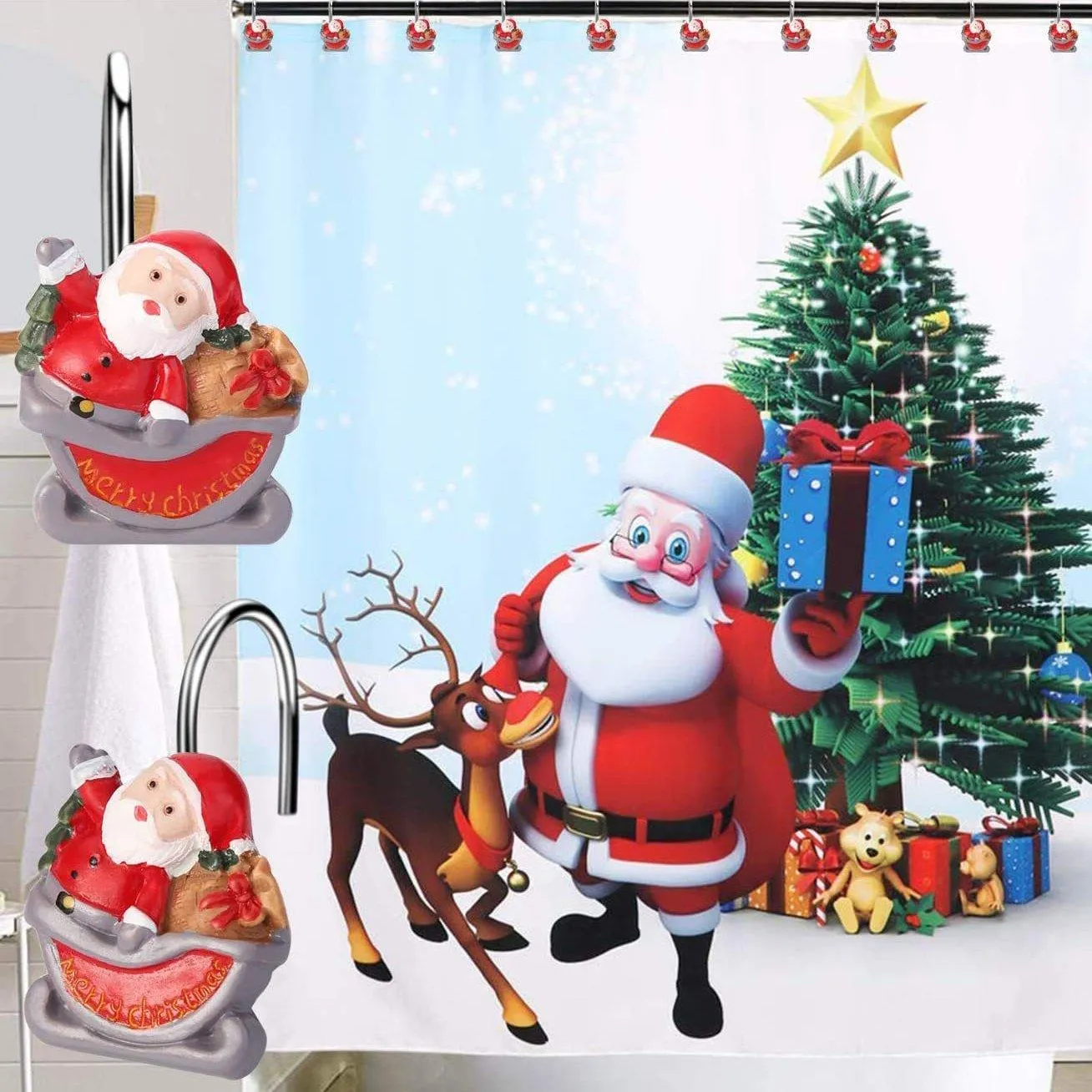 12-Pieces: Christmas Shower Curtain Anti-Rust Hooks