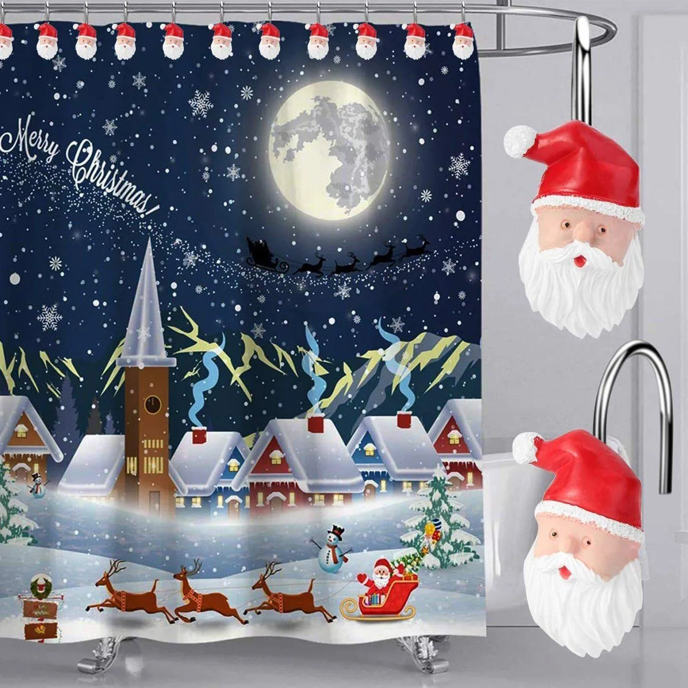 12-Pieces: Christmas Shower Curtain Anti-Rust Hooks