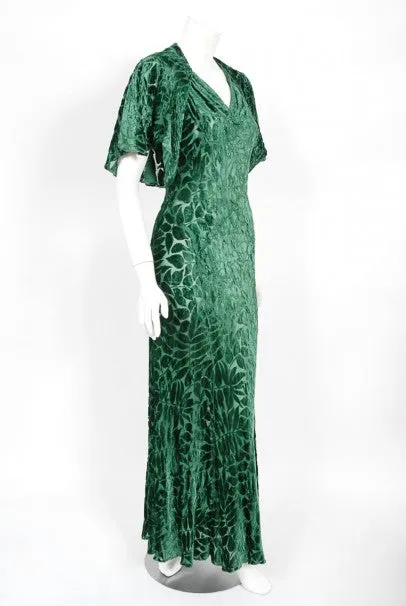 1930's Emerald Green Leaf Motif Sheer Silk Velvet Bias-Cut Gown & Bolero