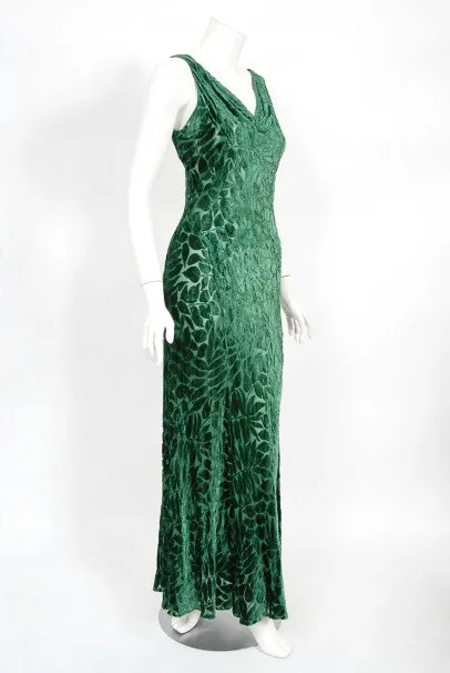 1930's Emerald Green Leaf Motif Sheer Silk Velvet Bias-Cut Gown & Bolero