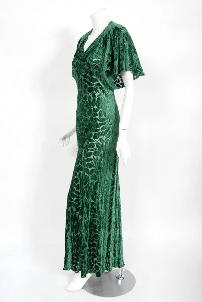 1930's Emerald Green Leaf Motif Sheer Silk Velvet Bias-Cut Gown & Bolero