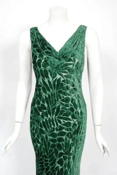 1930's Emerald Green Leaf Motif Sheer Silk Velvet Bias-Cut Gown & Bolero