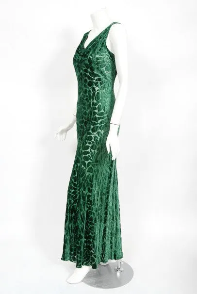 1930's Emerald Green Leaf Motif Sheer Silk Velvet Bias-Cut Gown & Bolero