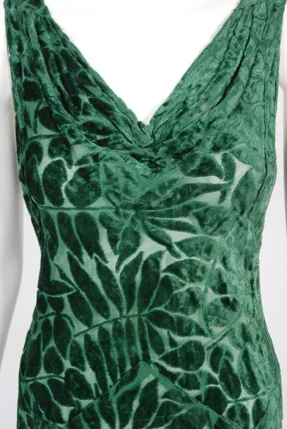 1930's Emerald Green Leaf Motif Sheer Silk Velvet Bias-Cut Gown & Bolero