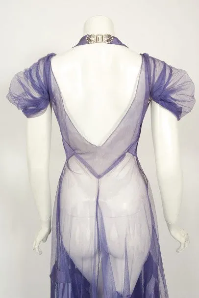 1930's Lilac Purple Sheer Net Tulle Silk Appliqué Bows Puff-Sleeve Gown