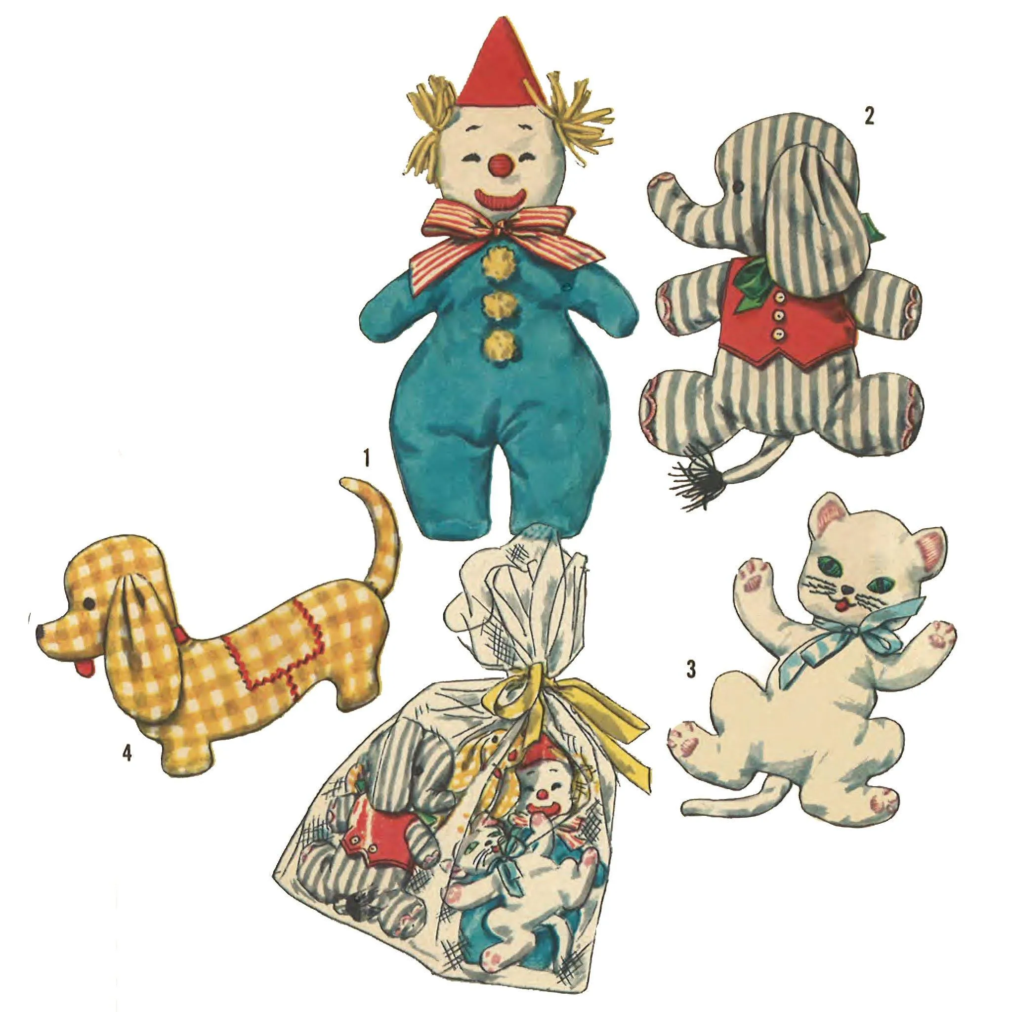 1950s Pattern, Soft Toys - Sausage Dog, Cat, Clown & Elephant - Height 10" (25.4cm)