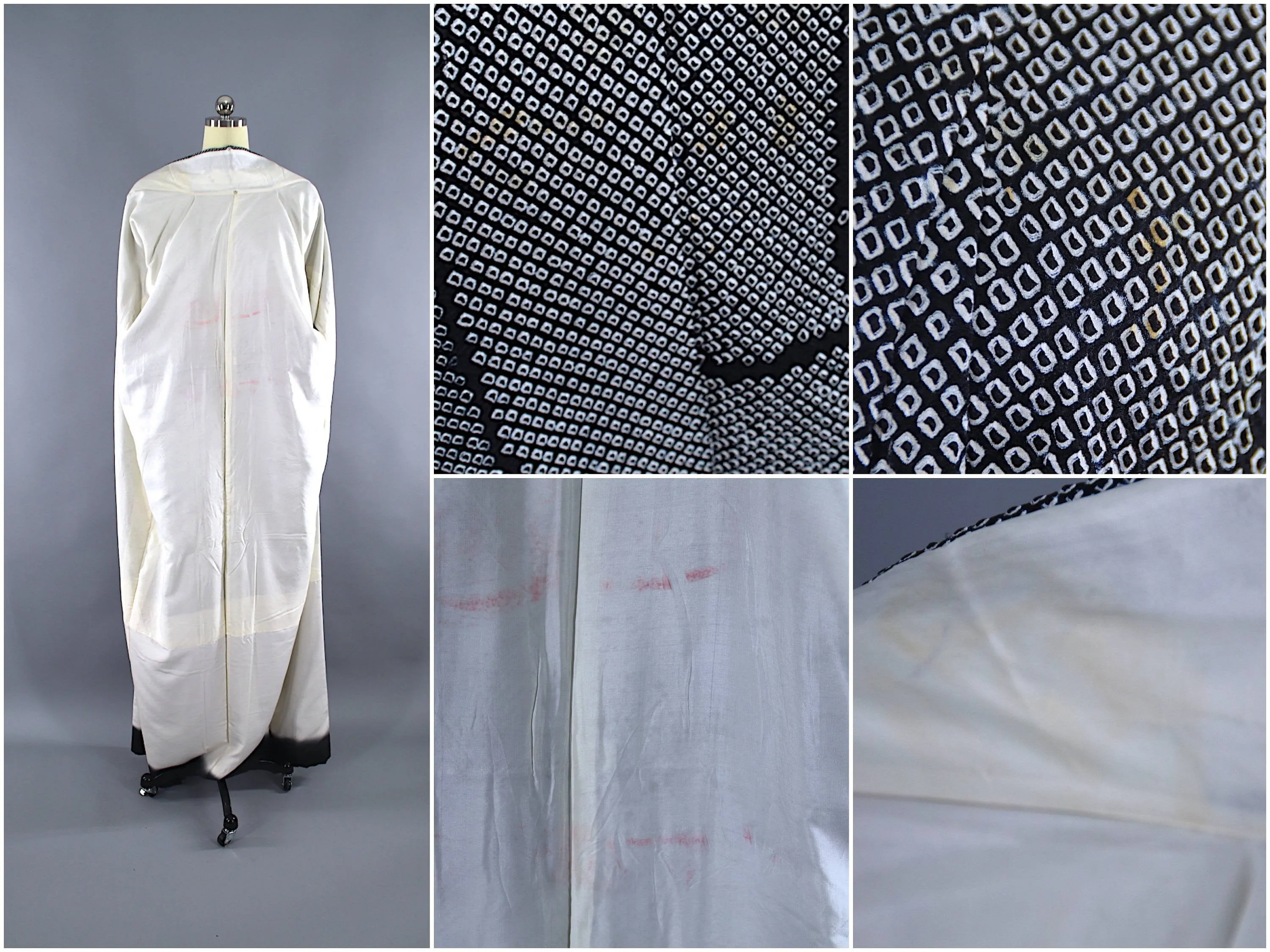 1960s Vintage Silk Kimono Robe / Black & White Shibori Dyed