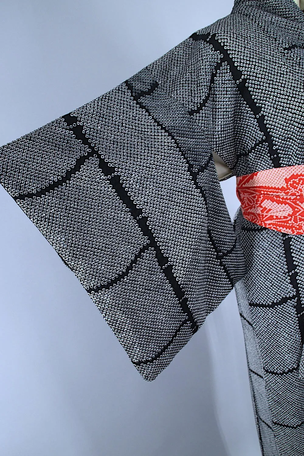 1960s Vintage Silk Kimono Robe / Black & White Shibori Dyed