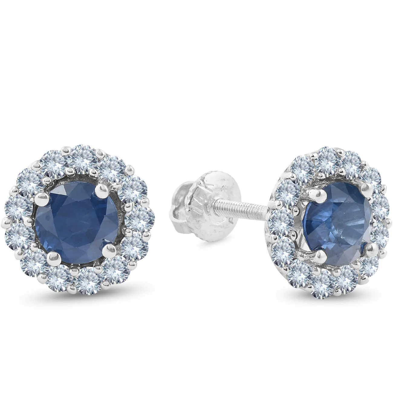 2 1/5 Ct Halo Diamond & Blue Sapphire Studs 14k White Gold