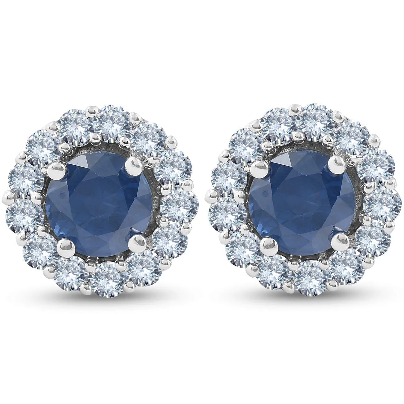 2 1/5 Ct Halo Diamond & Blue Sapphire Studs 14k White Gold