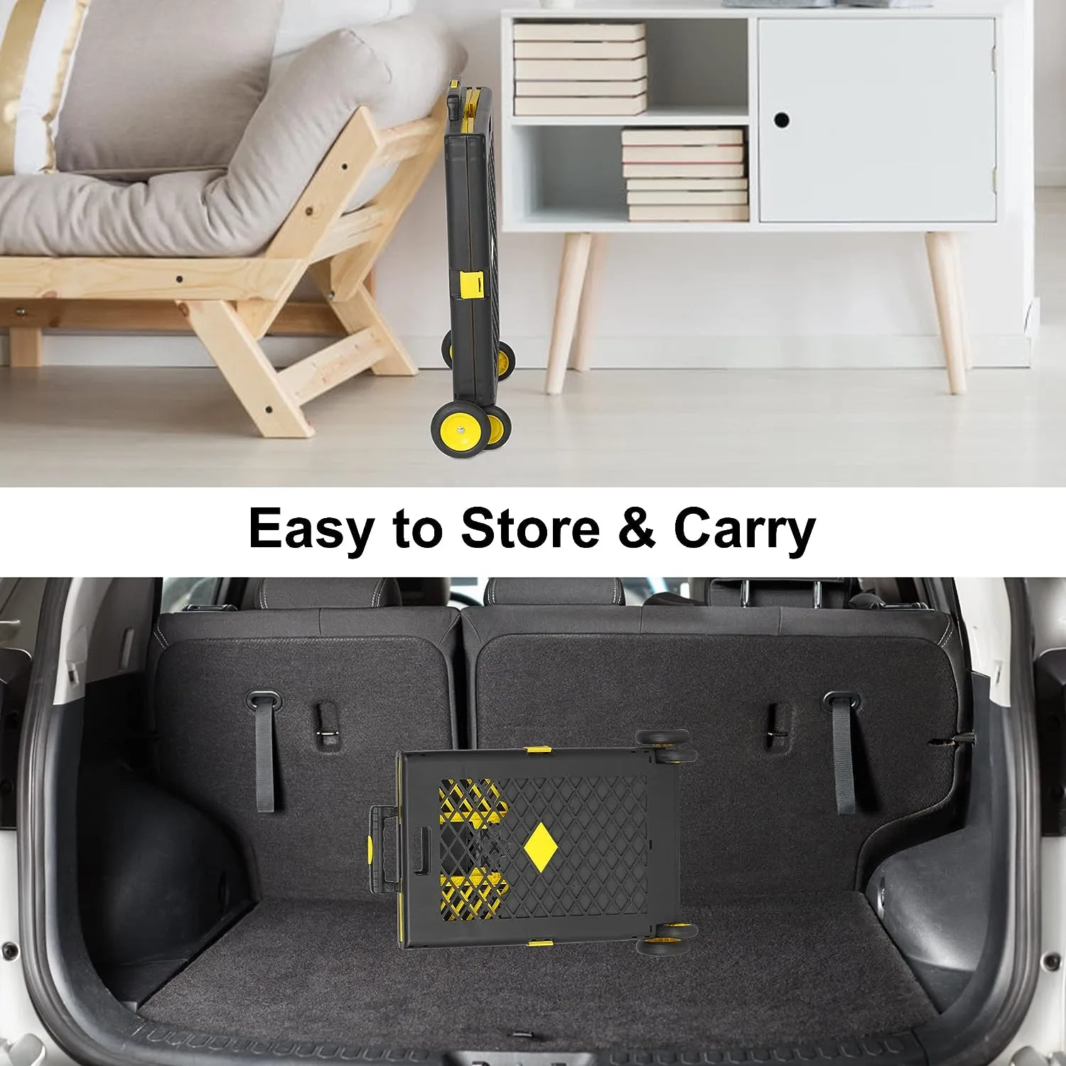 55L Foldable Rolling Cart with Wheels, Portable Updated Utility Tools Rolling Crate w/ Telescopic Handle, Yellow