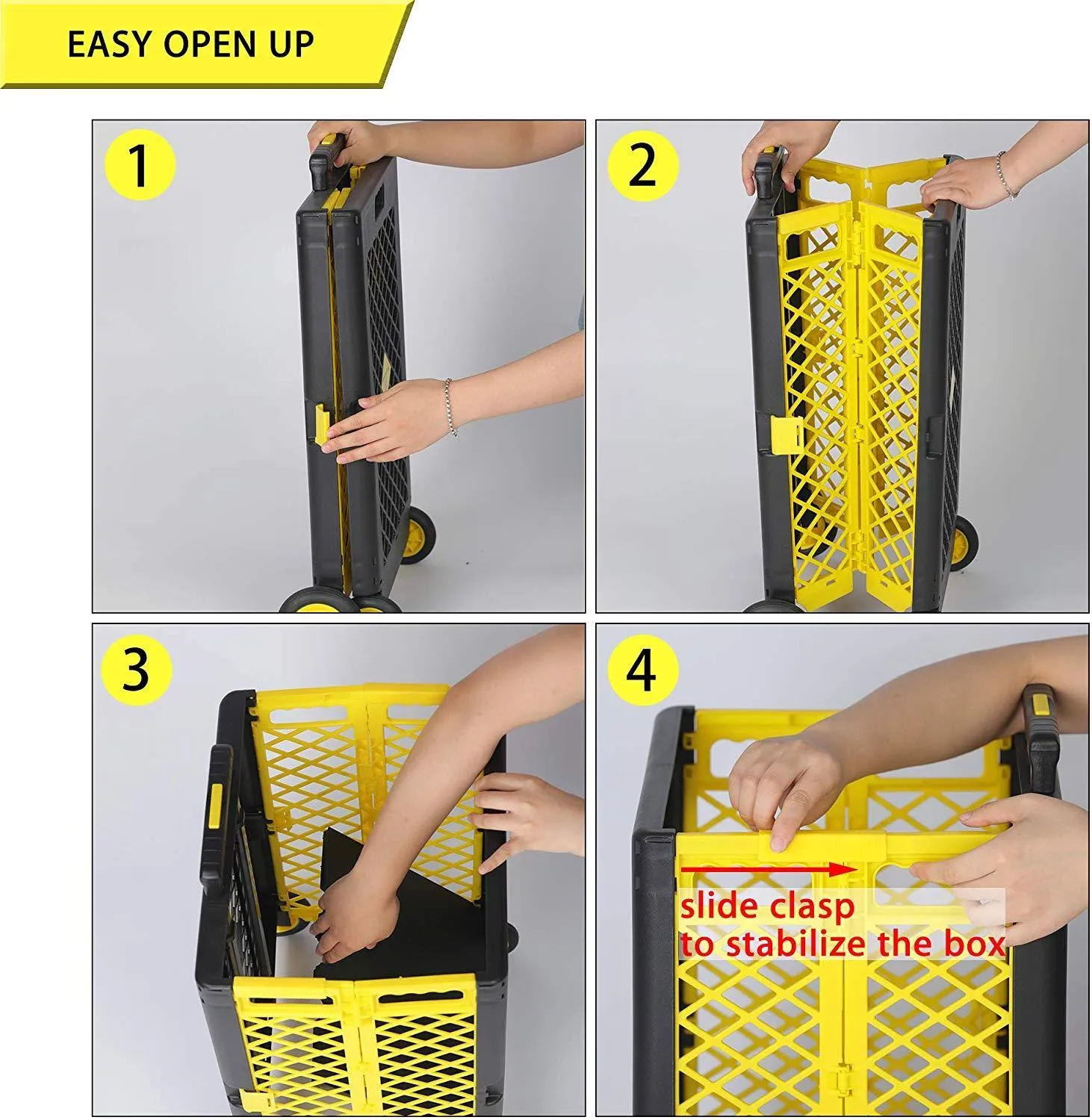 55L Foldable Rolling Cart with Wheels, Portable Updated Utility Tools Rolling Crate w/ Telescopic Handle, Yellow