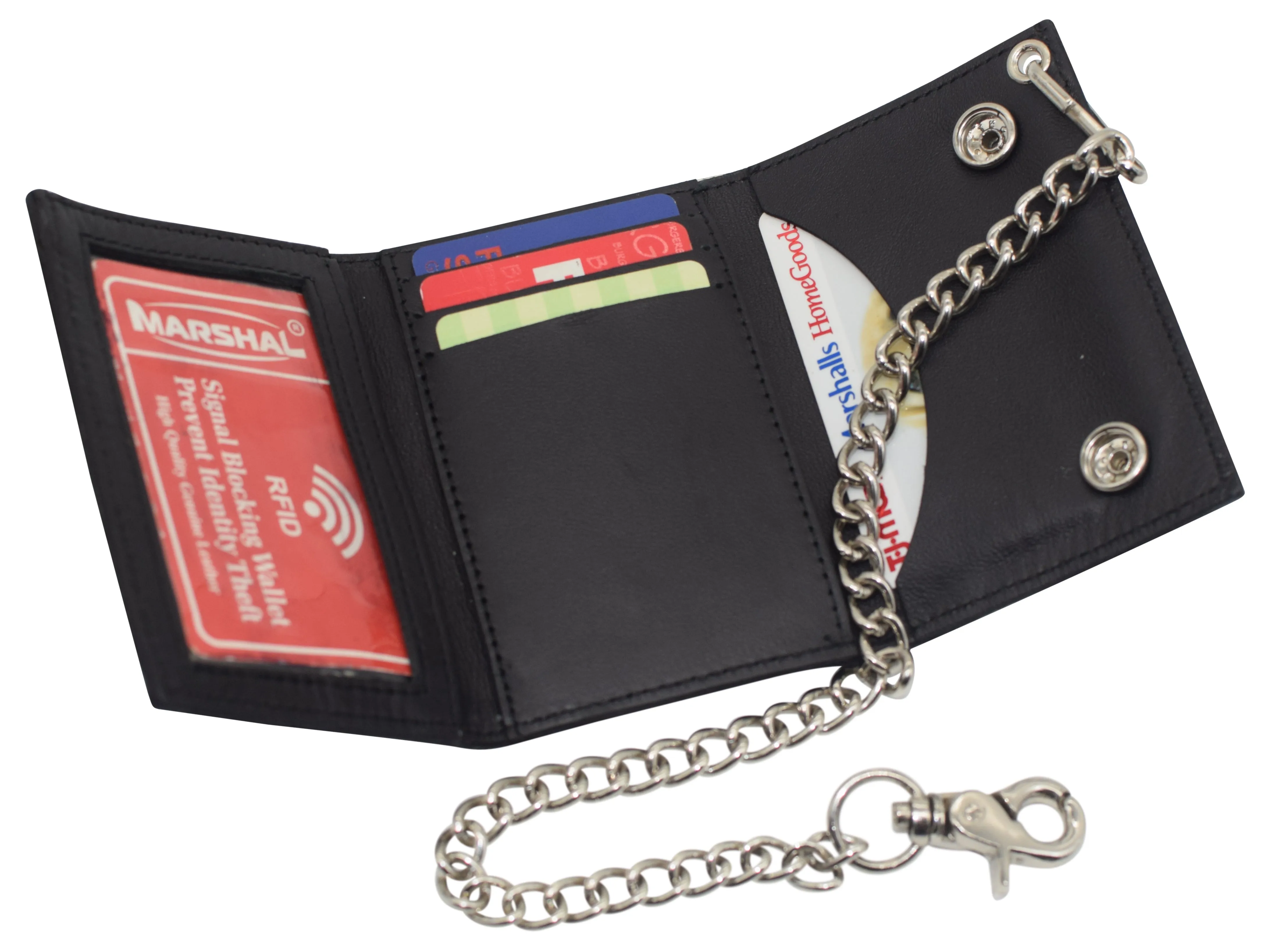 946-63 Motorcycle Men's Flames RFID Blocking Tri-Fold Genuine Leather Biker Chain Wallet, Black