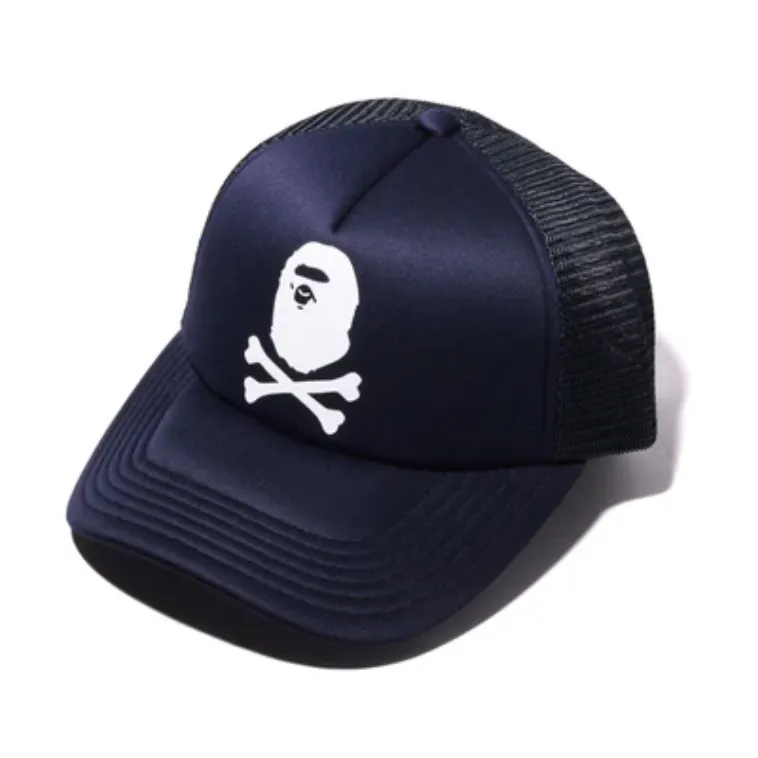 A BATHING APEE CROSSBONE COLLEGE SOLID MESH CAP (NAVY)