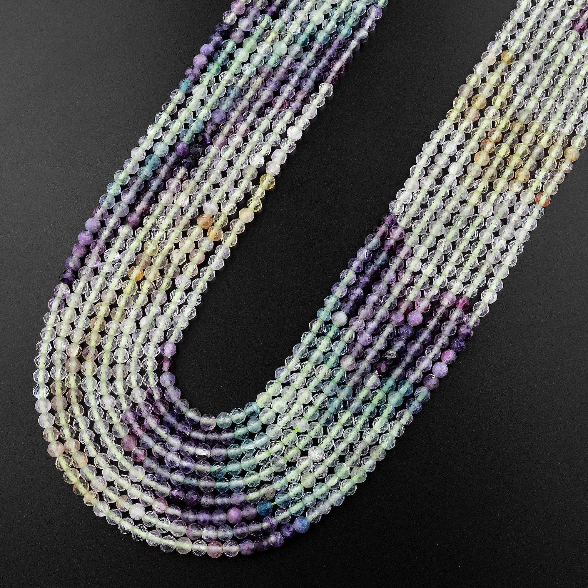 AAA Grade Gemmy Natural Rainbow Fluorite Faceted 3mm Round Beads Micro Laser Cut Purple Green Yellow Gemstone 15.5" Strand