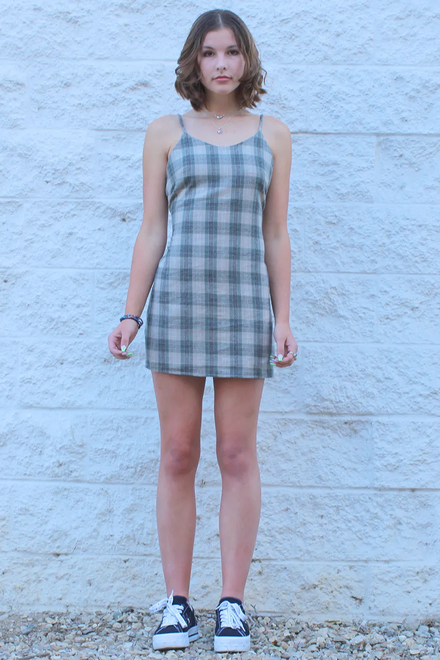 Adjustable Lace Back Dress - Flannel Green Beige Plaid