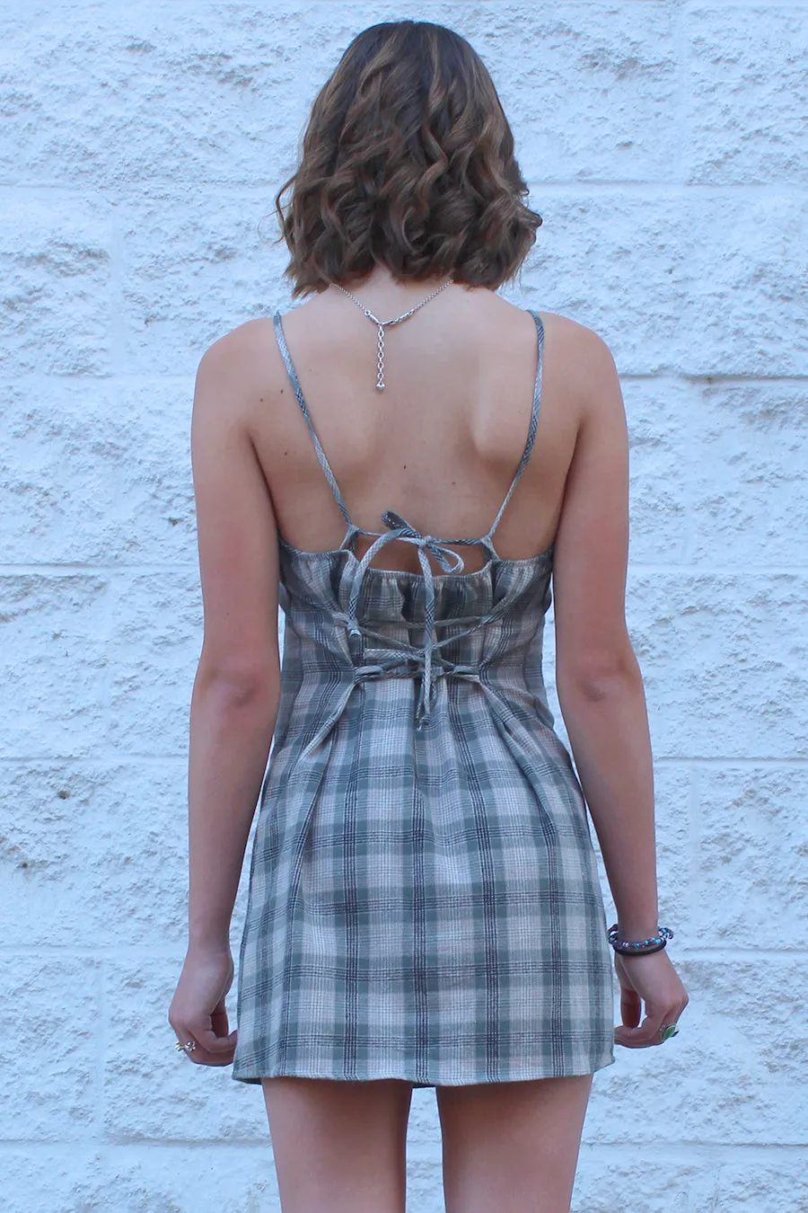 Adjustable Lace Back Dress - Flannel Green Beige Plaid