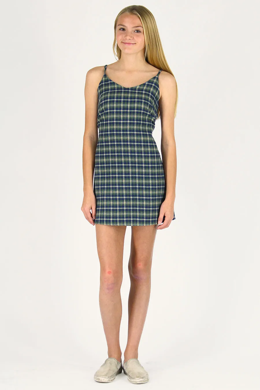 Adjustable Lace Back Dress - Flannel Green Plaid