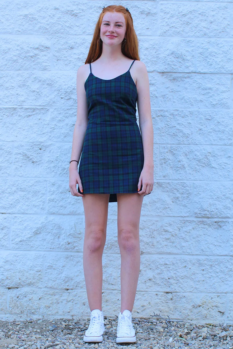 Adjustable Lace Back Dress - Flannel Navy Green Plaid