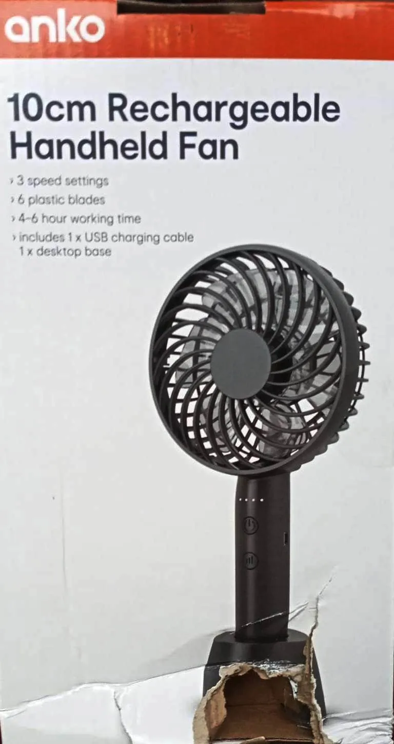 Anko 10cm Rechargeable Handheld Fan - Black / 3 Speed Settings / 4-6 Hours Run Time