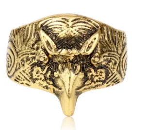 Antique gold tribal eagle head adjustable metal ring