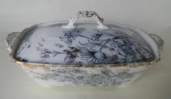 Antique Steel Blue Transferware Covered Tureen Casserole Chrysanthemum with RARE Silver Overlay Spatterware Circa 1891