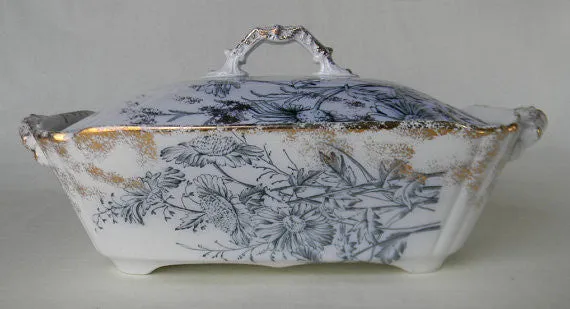 Antique Steel Blue Transferware Covered Tureen Casserole Chrysanthemum with RARE Silver Overlay Spatterware Circa 1891