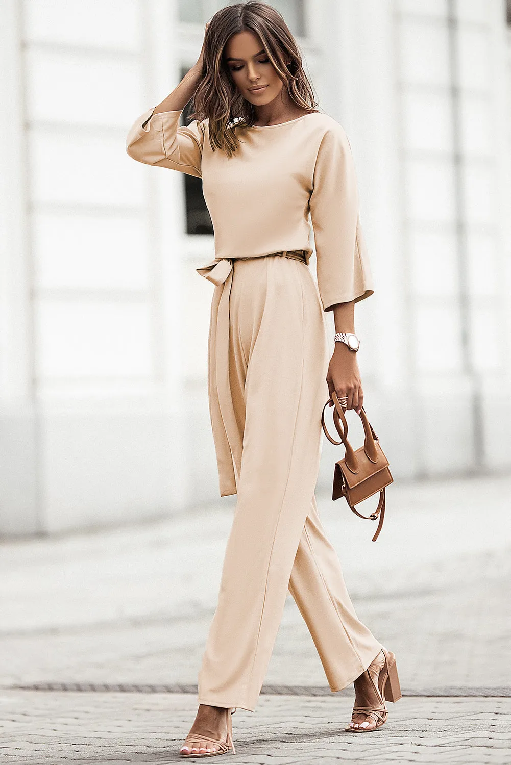 Apricot Bracelet Sleeve Waist Tie Wide Leg Jumpsuit