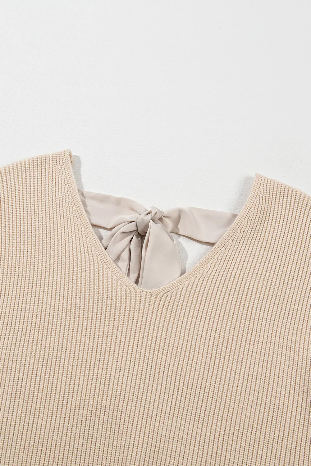 Apricot Lantern Sleeve V Neck Knot Back Sweater