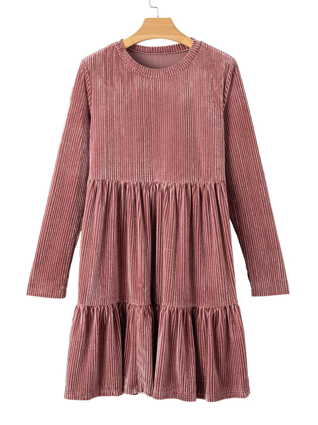 Apricot Pink Ribbed Tiered Velvet Mini Dress