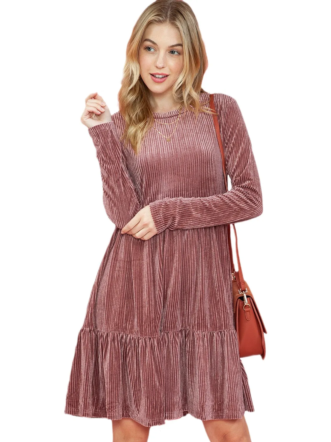 Apricot Pink Ribbed Tiered Velvet Mini Dress