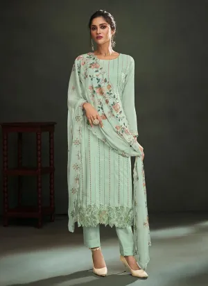 Aqua Green Color Muslin Silk Base Embroidered Pant Style Suit With 3/4th Sleeves