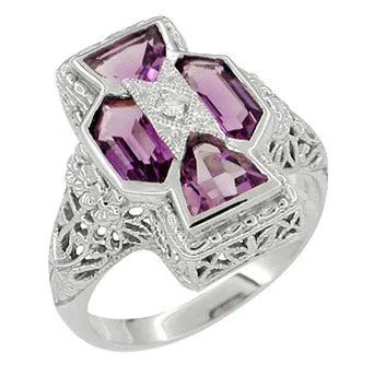 Art Deco Filigree Happy Family 4 Stone Amethyst and Diamond Filigree Ring in 14 Karat White Gold