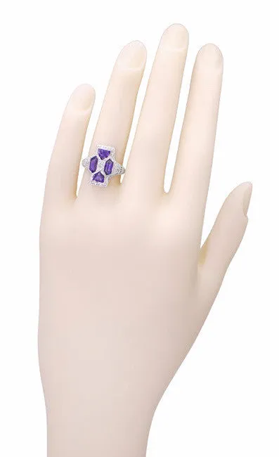 Art Deco Filigree Happy Family 4 Stone Amethyst and Diamond Filigree Ring in 14 Karat White Gold