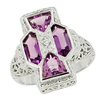 Art Deco Filigree Happy Family 4 Stone Amethyst and Diamond Filigree Ring in 14 Karat White Gold