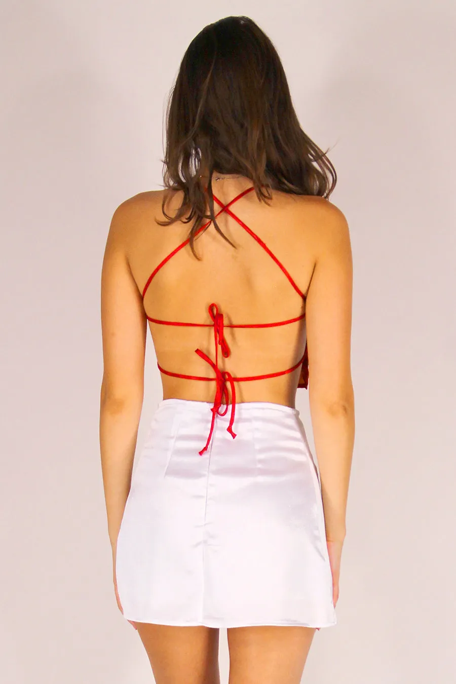 Backless Crop Top - Red Satin with Dragons