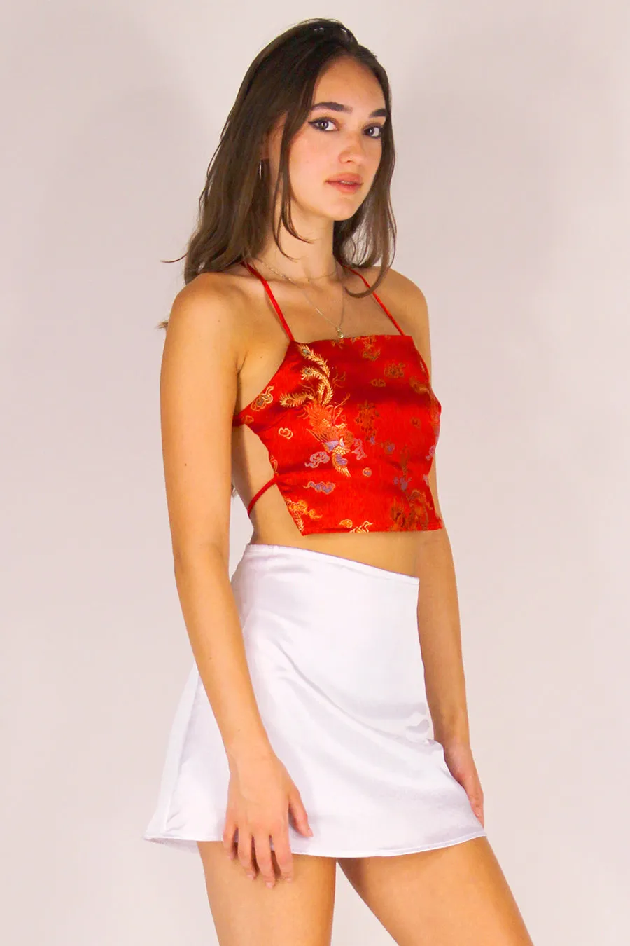 Backless Crop Top - Red Satin with Dragons