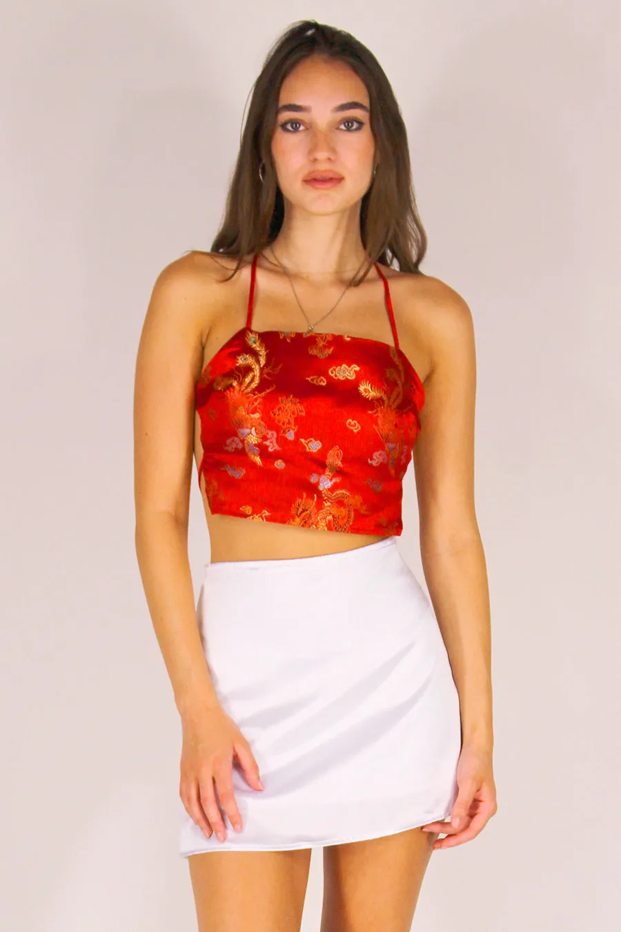 Backless Crop Top - Red Satin with Dragons