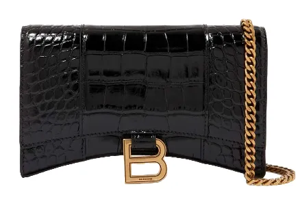 BALENCIAGA Hourglass Mini Wallet on Chain in Shiny Crocodile Embossed Calfskin