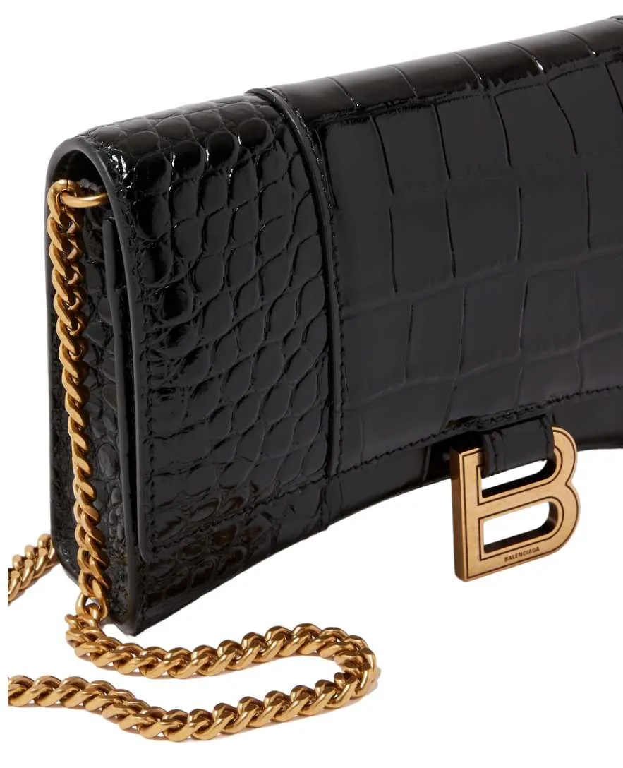 BALENCIAGA Hourglass Mini Wallet on Chain in Shiny Crocodile Embossed Calfskin