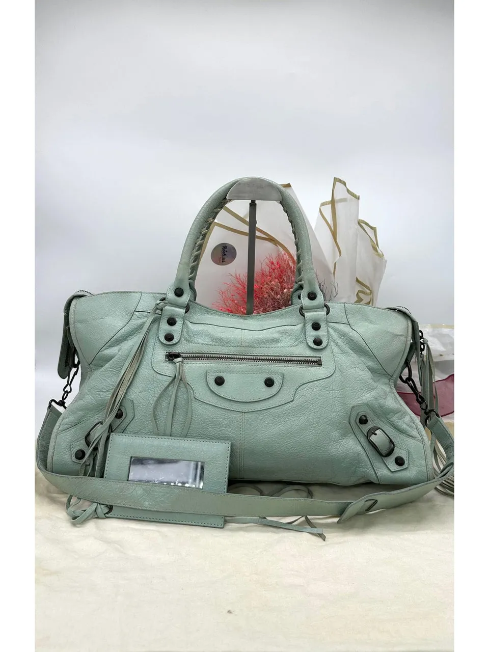 BAlENCIAGA Mint Green Leather Giant Part Time RH Tote