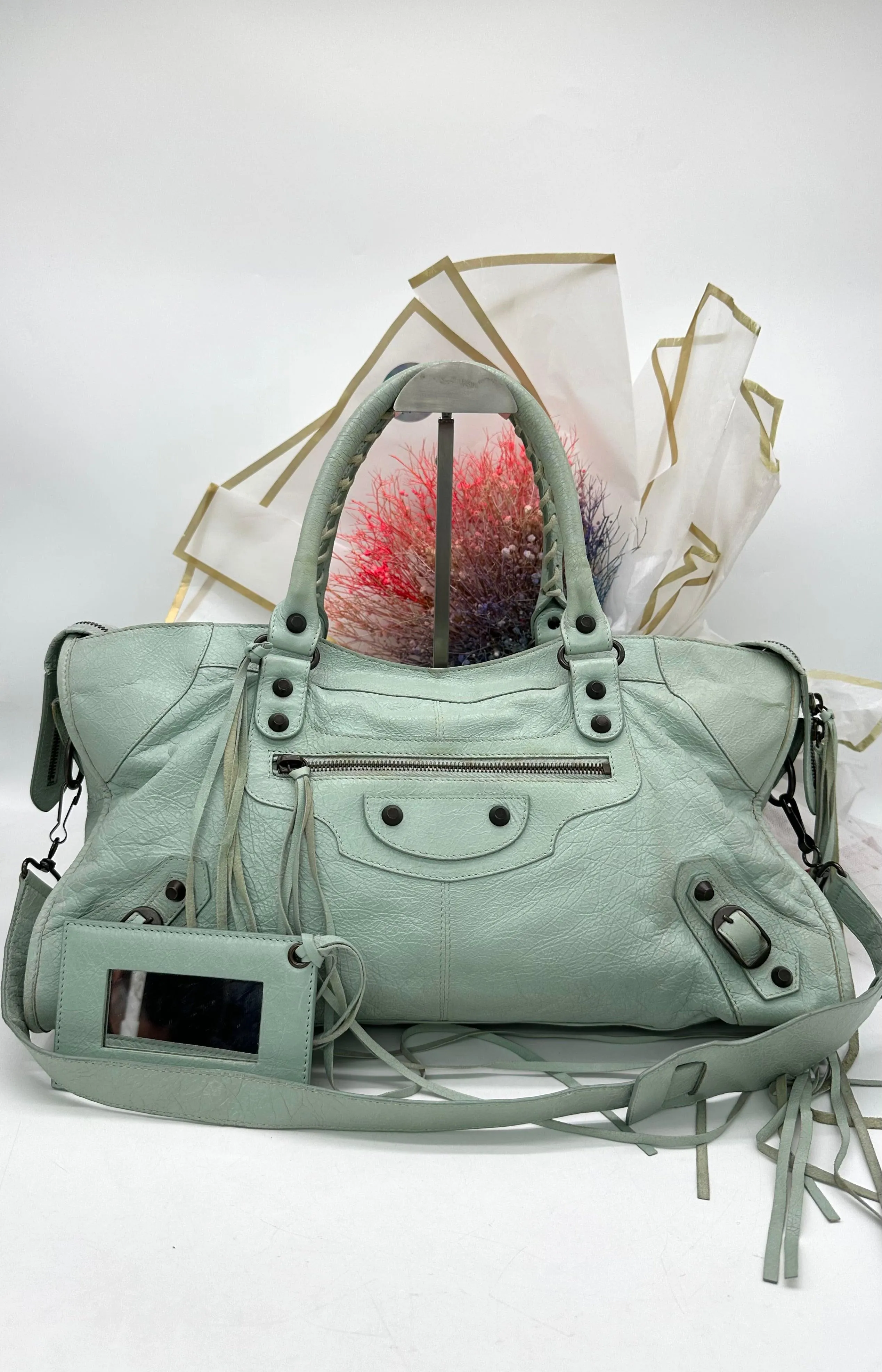 BAlENCIAGA Mint Green Leather Giant Part Time RH Tote