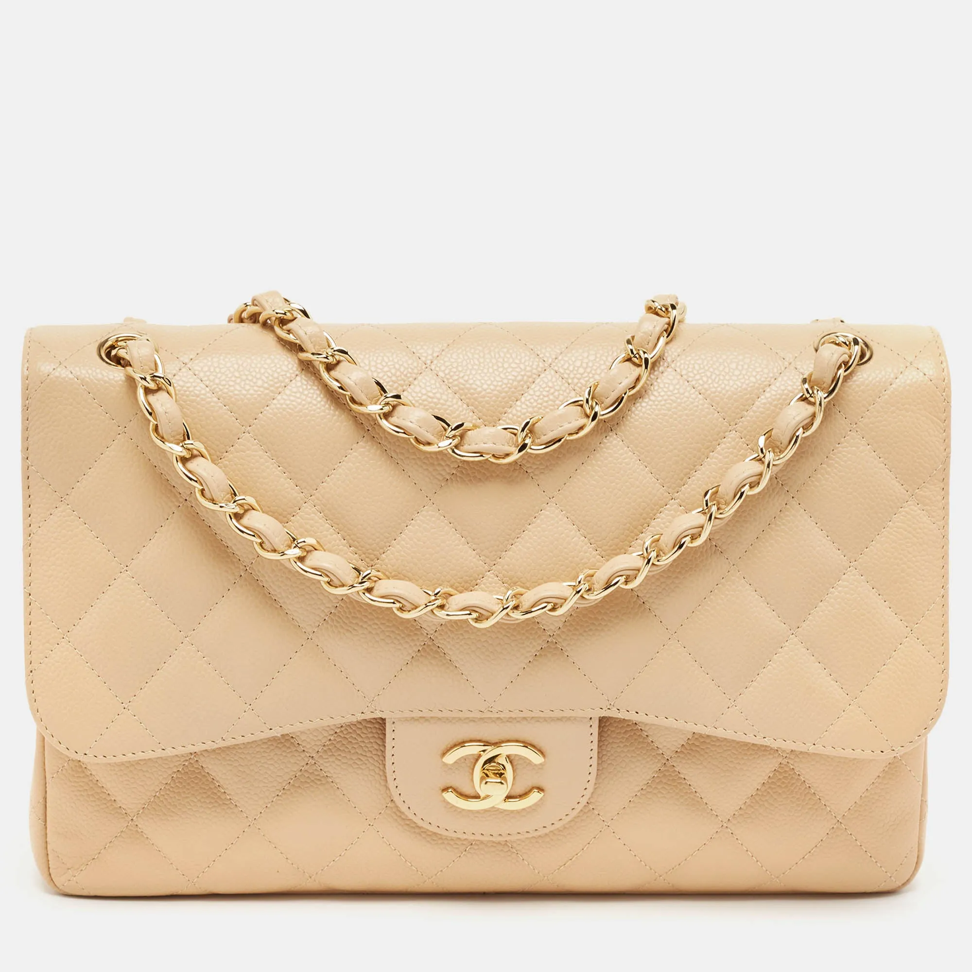 Beige Caviar Leather Jumbo Classic Double Flap Bag