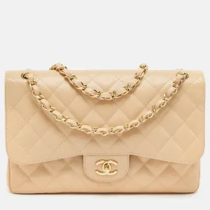 Beige Caviar Leather Jumbo Classic Double Flap Bag