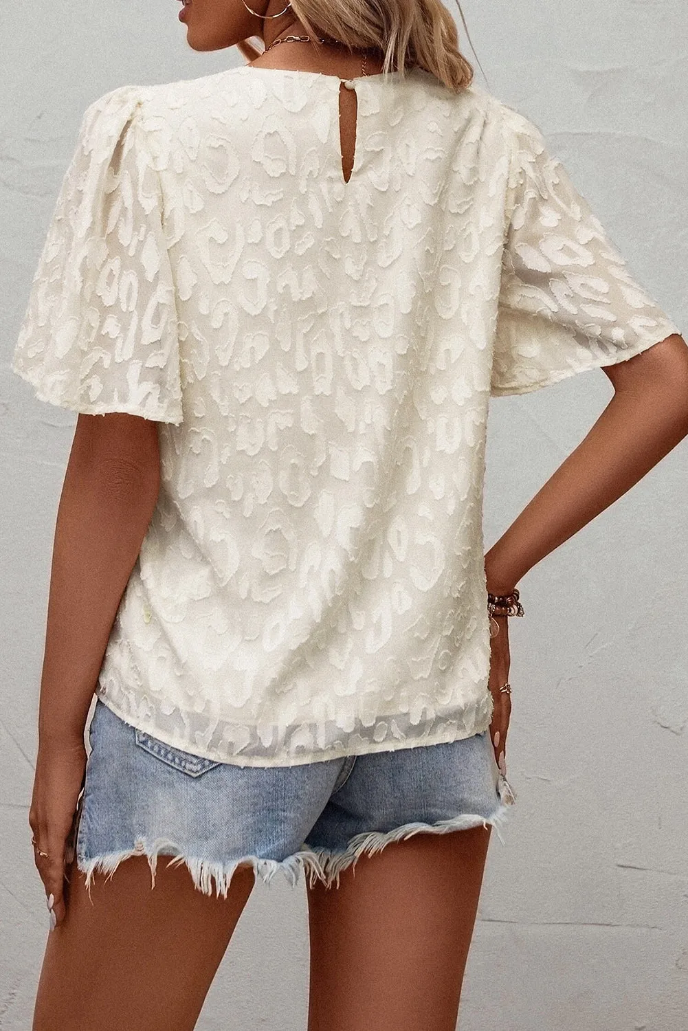 Beige Elegant Jacquard Butterfly Sleeve Blouse