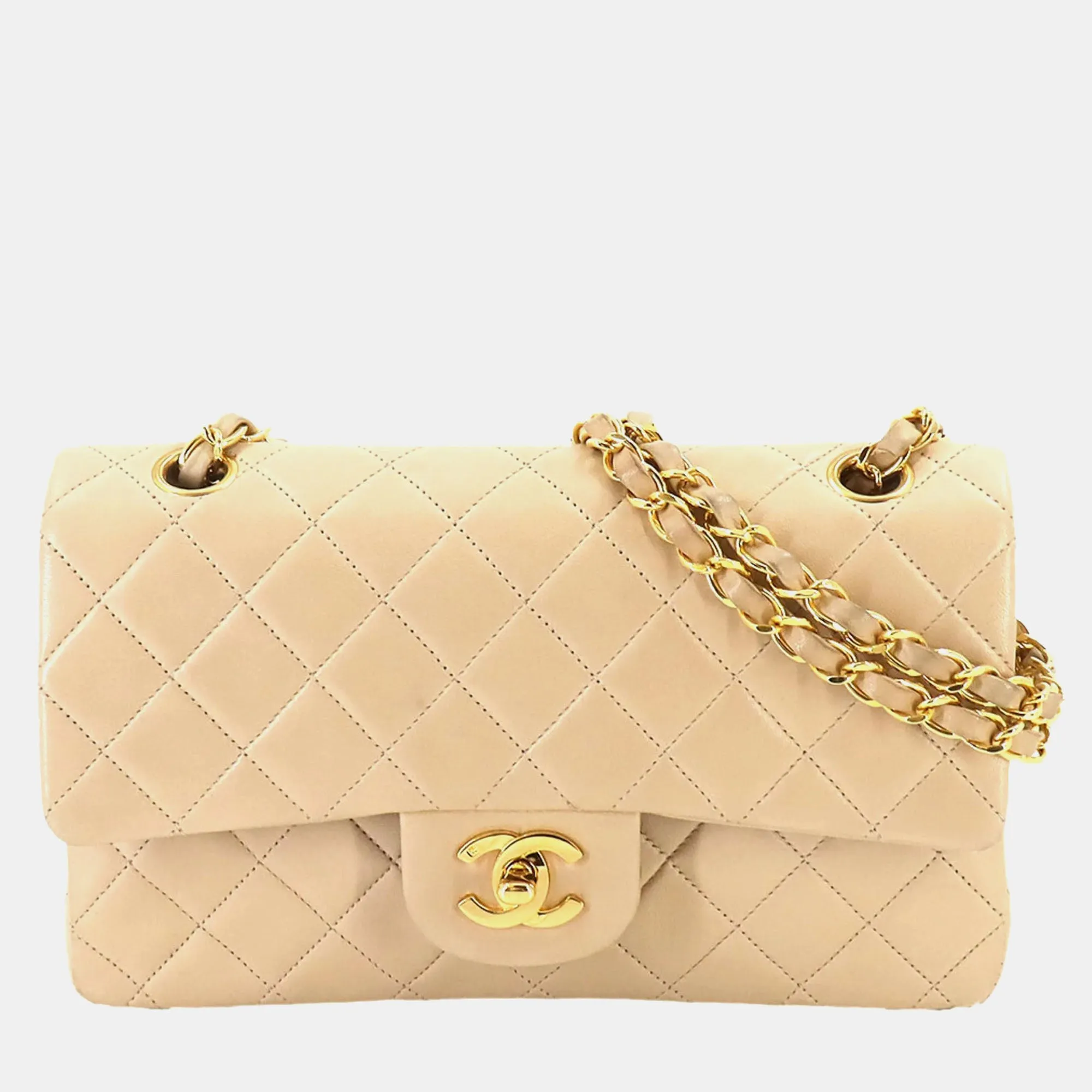 Beige Leather Small Classic Double Flap Bag