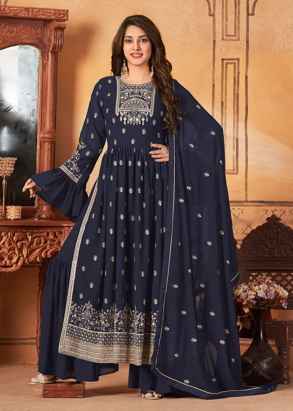 Bell Sleeved Dazzling Blue Wedding Function Palazzo Suit