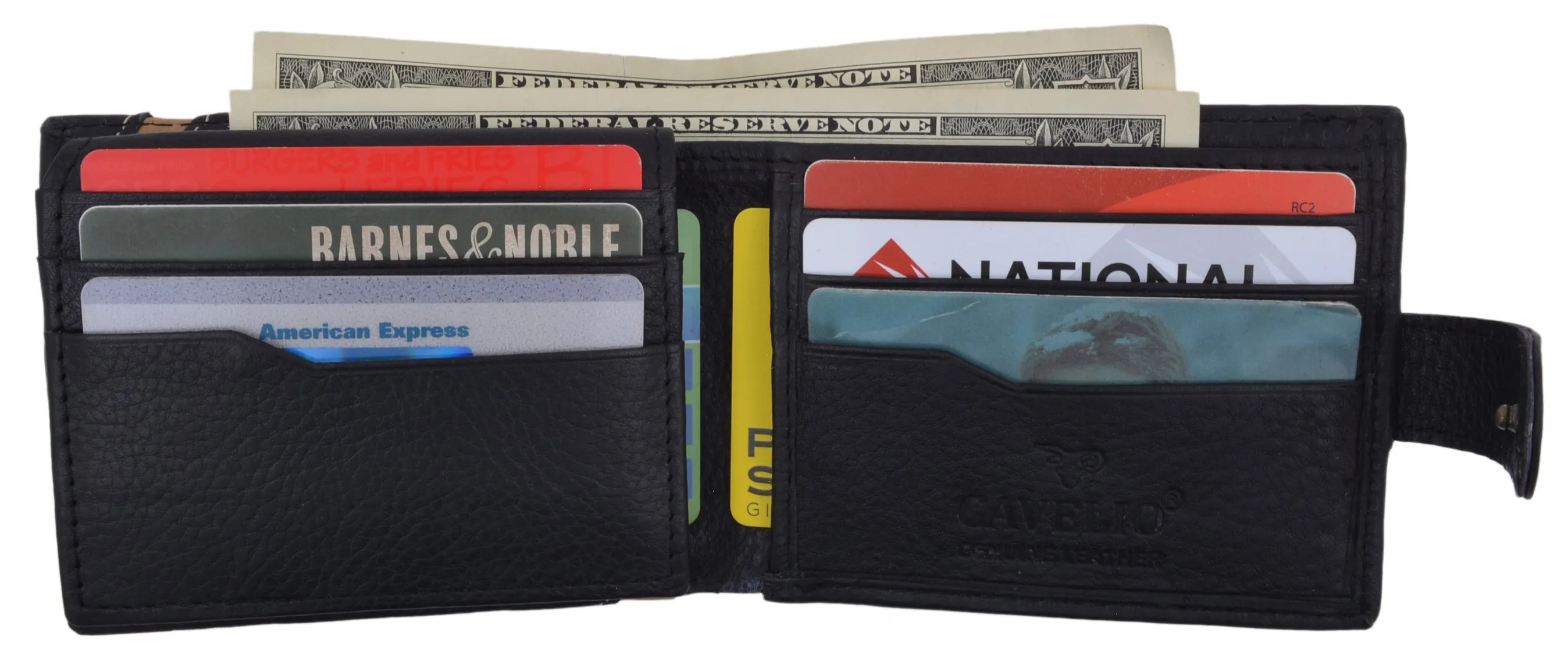 Black Bifold Mens Genuine Leather Credit Card ID Wallet with Snap Closure